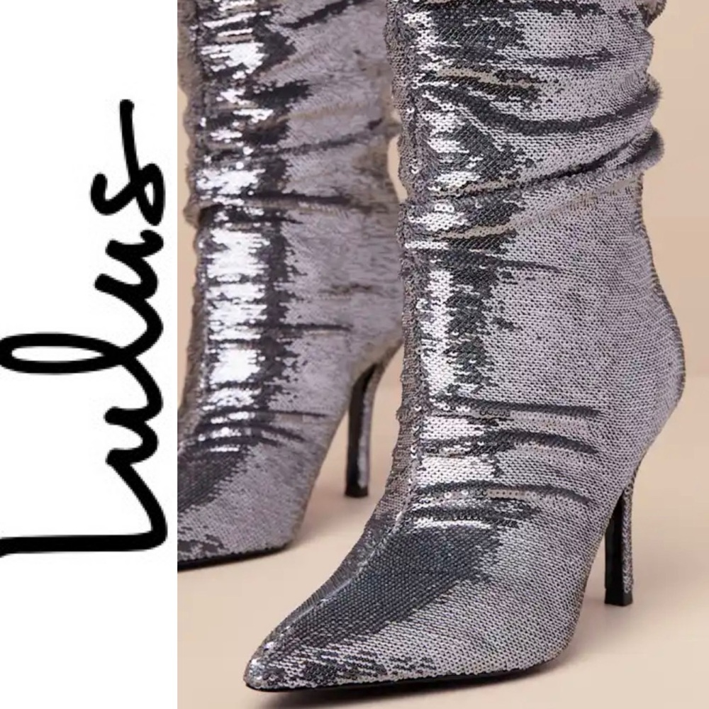 Lulus D’amelio Cristean Silver Sequin Pointed-Toe Slouchy Knee-High Boots 7.5